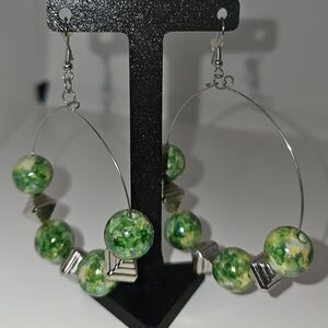 Green and Silver Beaded Hoop Earrings